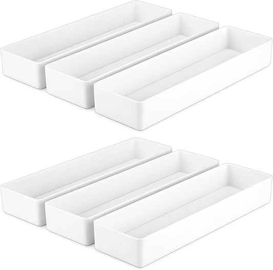 6-Pack White Plastic Desk Organizer Trays. Rectangular Stackable Drawer Organizers for Office. Kitchen. Bathroom & Vanity. 9.45 x 2.95 x 1.38 Inches