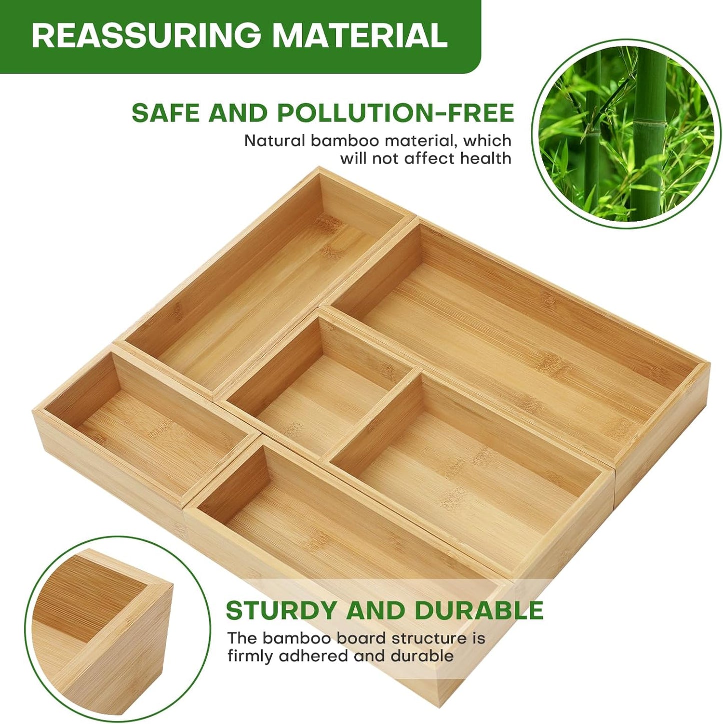 Bamboo Drawer Organizer Set. 5 PCS Multi-Use Individual Wood Storage Organizers. Junk Drawer Divider and Storage Trays Containers for Kitchen. Bathroom. Office Desk. Makeup. Jewelry. Utensils