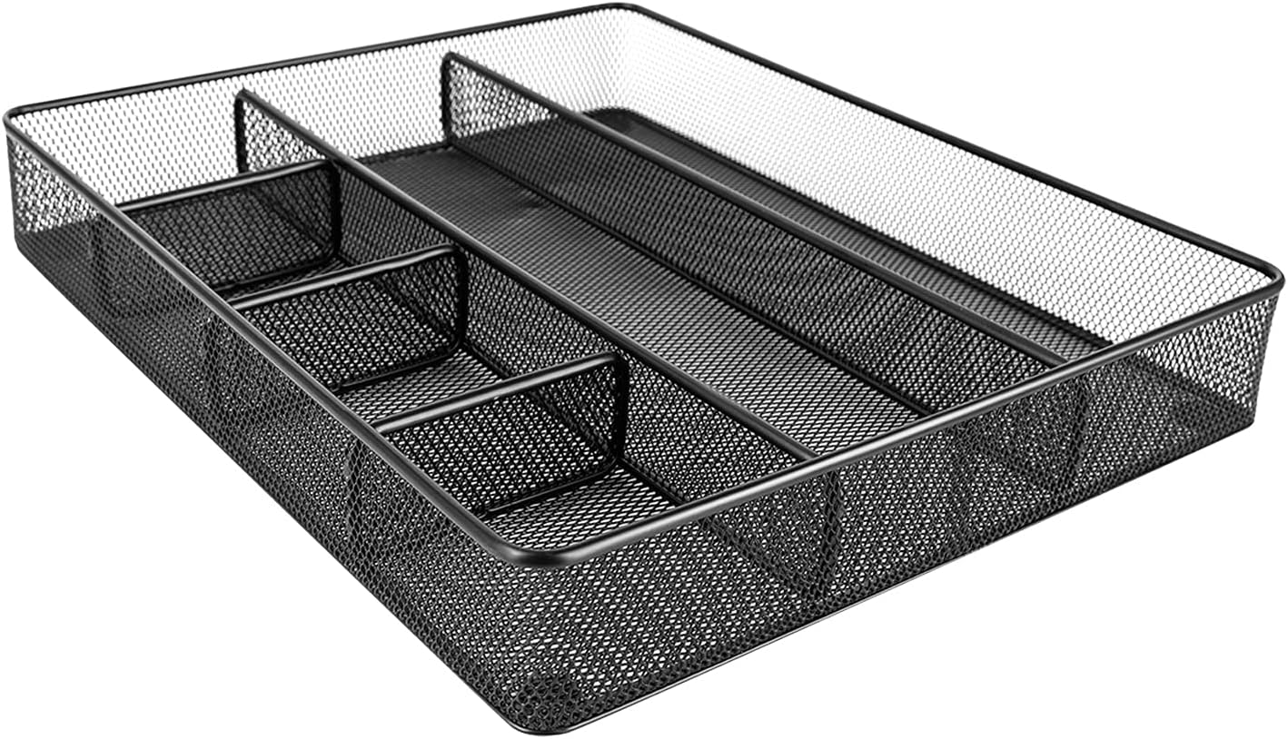 Amazon Basics Desk Drawer Organizer for Office and Home. Metal Mesh. Anti-Slip. 6 Compartments. Black