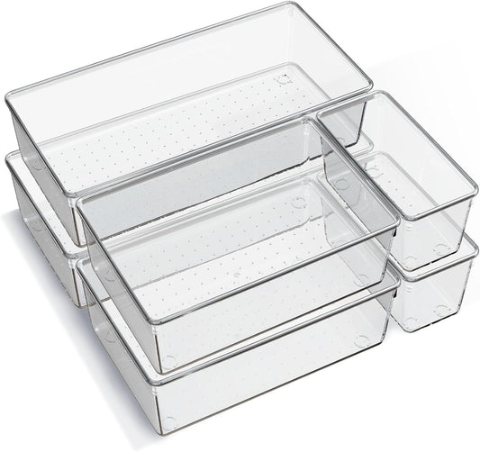6 Pack Large Clear Plastic Drawer Organizer Trays. Acrylic Kitchen Drawer Organization and Storage Dividers. Non-Slip Storage Bins for Makeup. Kitchen Utensils. Bathroom. Jewelries and Office Desk