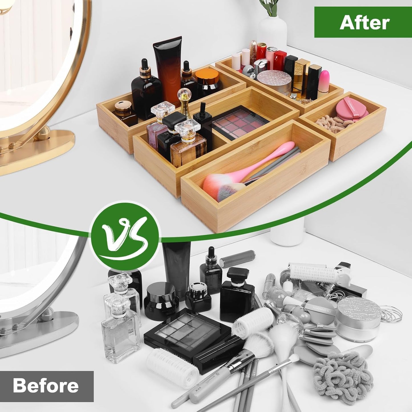 Bamboo Drawer Organizer Set. 5 PCS Multi-Use Individual Wood Storage Organizers. Junk Drawer Divider and Storage Trays Containers for Kitchen. Bathroom. Office Desk. Makeup. Jewelry. Utensils