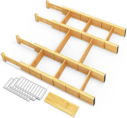 SpaceAid Bamboo Drawer Dividers with Inserts and Labels. Kitchen Adjustable Drawer Organizers. Expandable Organization for Home. Office. Dressers. 4 Dividers with 9 Inserts (17-22 Natural)