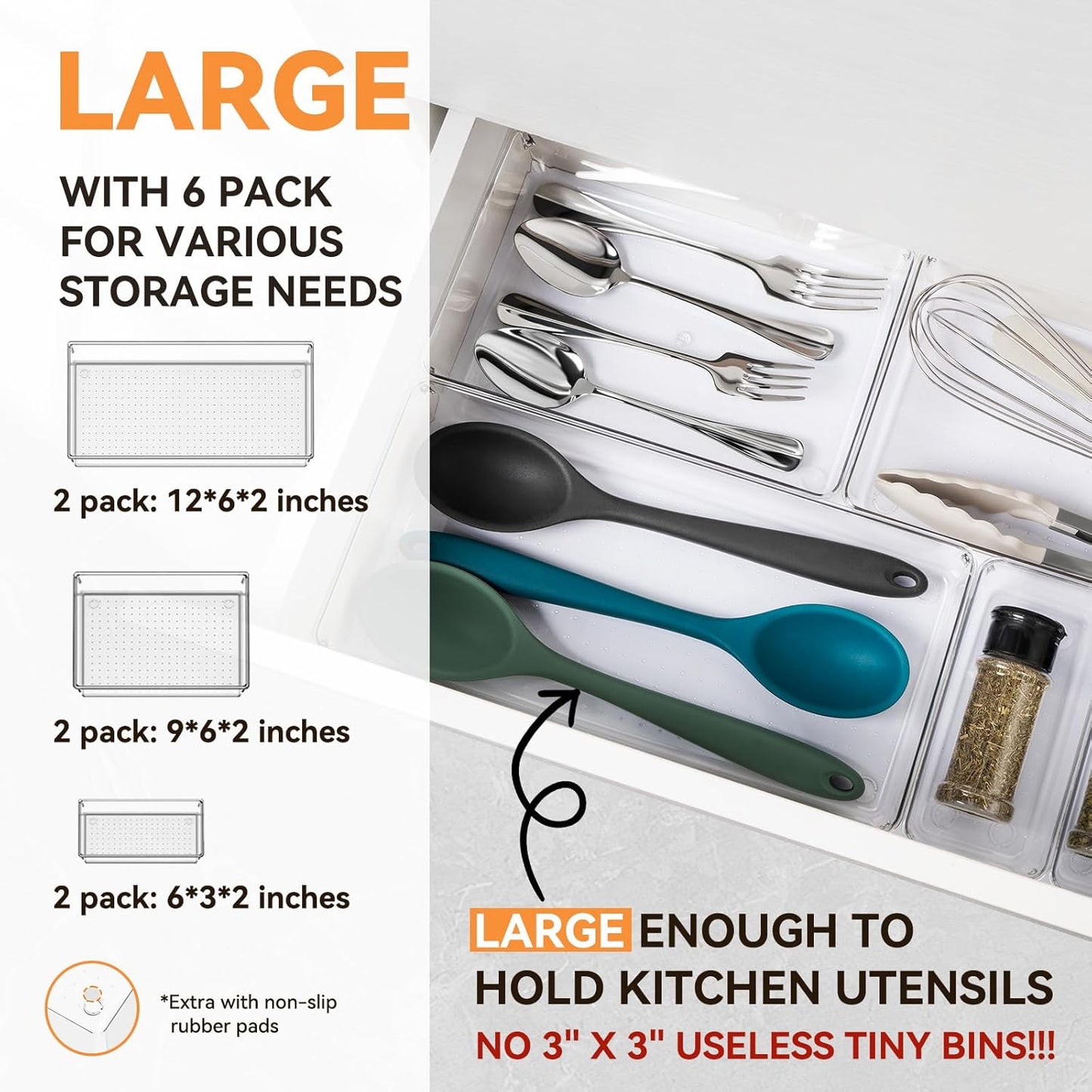 6 Pack Large Clear Plastic Drawer Organizer Trays. Acrylic Kitchen Drawer Organization and Storage Dividers. Non-Slip Storage Bins for Makeup. Kitchen Utensils. Bathroom. Jewelries and Office Desk