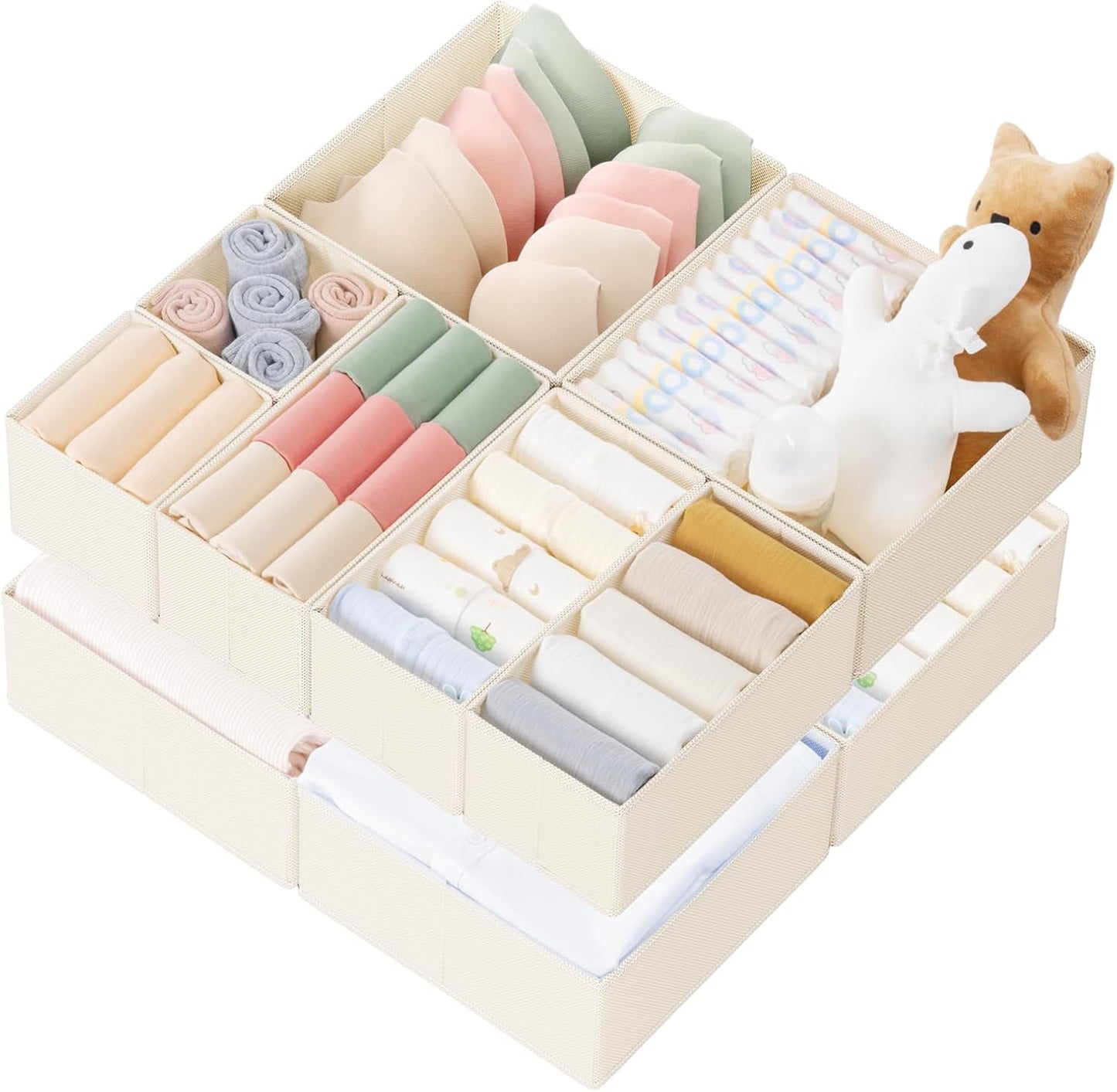 Criusia Drawer Organizer Clothes. 10 Pack Dresser Organizer for Baby Clothes. Underwear. Sock- Foldable Closet Organization and Storage Dividers Bins for Nursery. Bedroom (Beige)