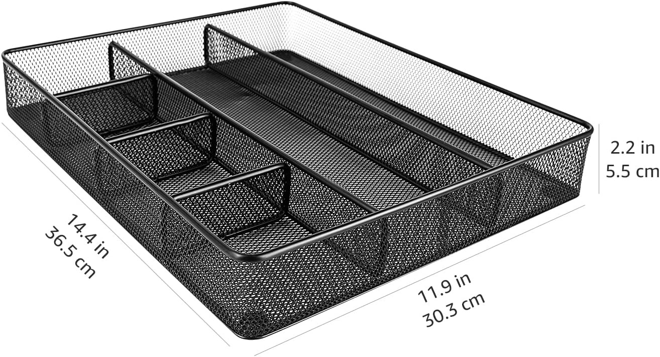 Amazon Basics Desk Drawer Organizer for Office and Home. Metal Mesh. Anti-Slip. 6 Compartments. Black