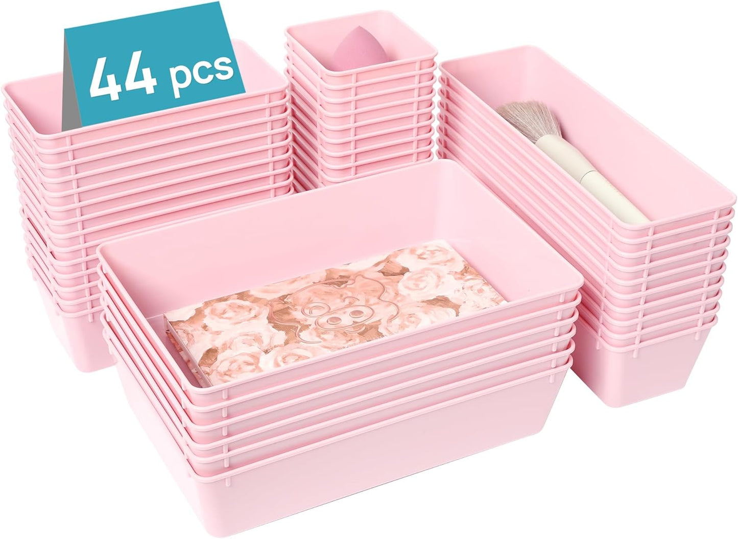 Vtopmart 44 PCS Clear Plastic Drawer Organizers Set. 4-Size Versatile Bathroom and Vanity Organizer Trays. Non-Slip Storage Containers for Makeup. Jewelries. Bedroom .Kitchen Utensils and Office