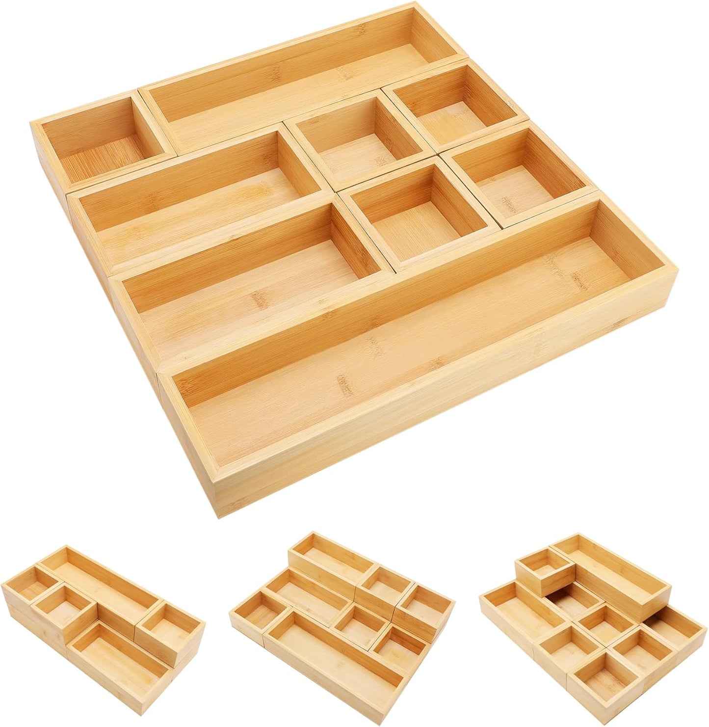 Bamboo Drawer Organizer Set. 5 PCS Multi-Use Individual Wood Storage Organizers. Junk Drawer Divider and Storage Trays Containers for Kitchen. Bathroom. Office Desk. Makeup. Jewelry. Utensils
