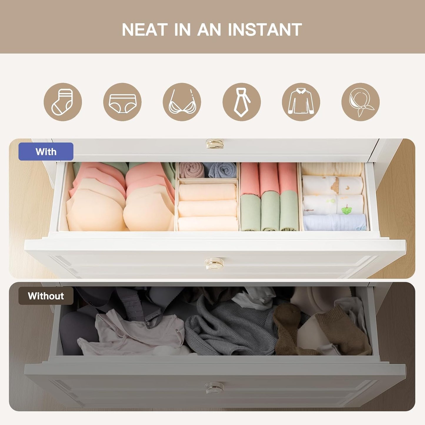 Criusia Drawer Organizer Clothes. 10 Pack Dresser Organizer for Baby Clothes. Underwear. Sock- Foldable Closet Organization and Storage Dividers Bins for Nursery. Bedroom (Beige)