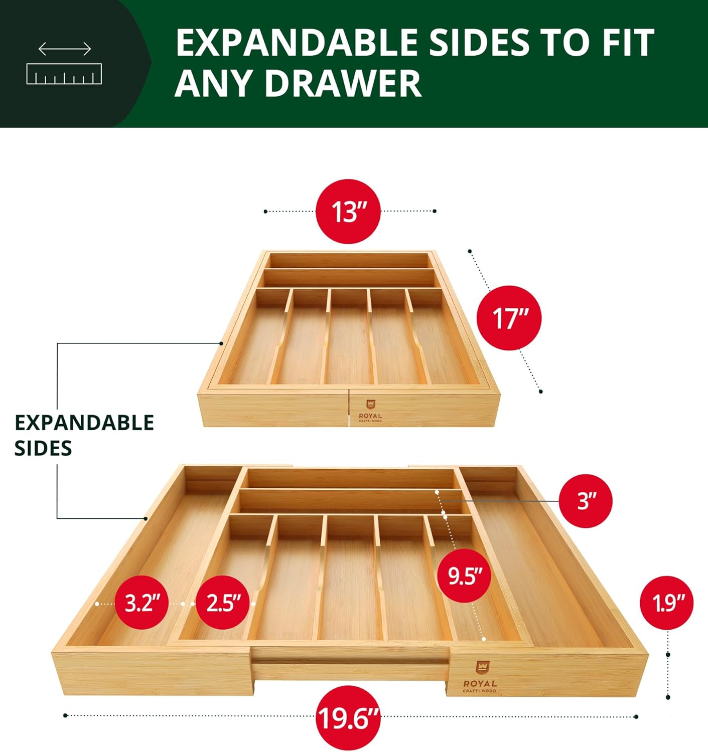 ROYAL CRAFT WOOD Luxury Bamboo Kitchen Drawer Organizer - Silverware Organizer. Utensil Holder & Cutlery Tray Drawer Dividers for Flatware (9 Slot. Natural)