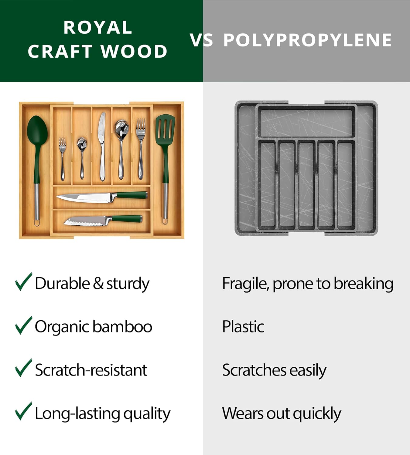 ROYAL CRAFT WOOD Luxury Bamboo Kitchen Drawer Organizer - Silverware Organizer. Utensil Holder & Cutlery Tray Drawer Dividers for Flatware (9 Slot. Natural)