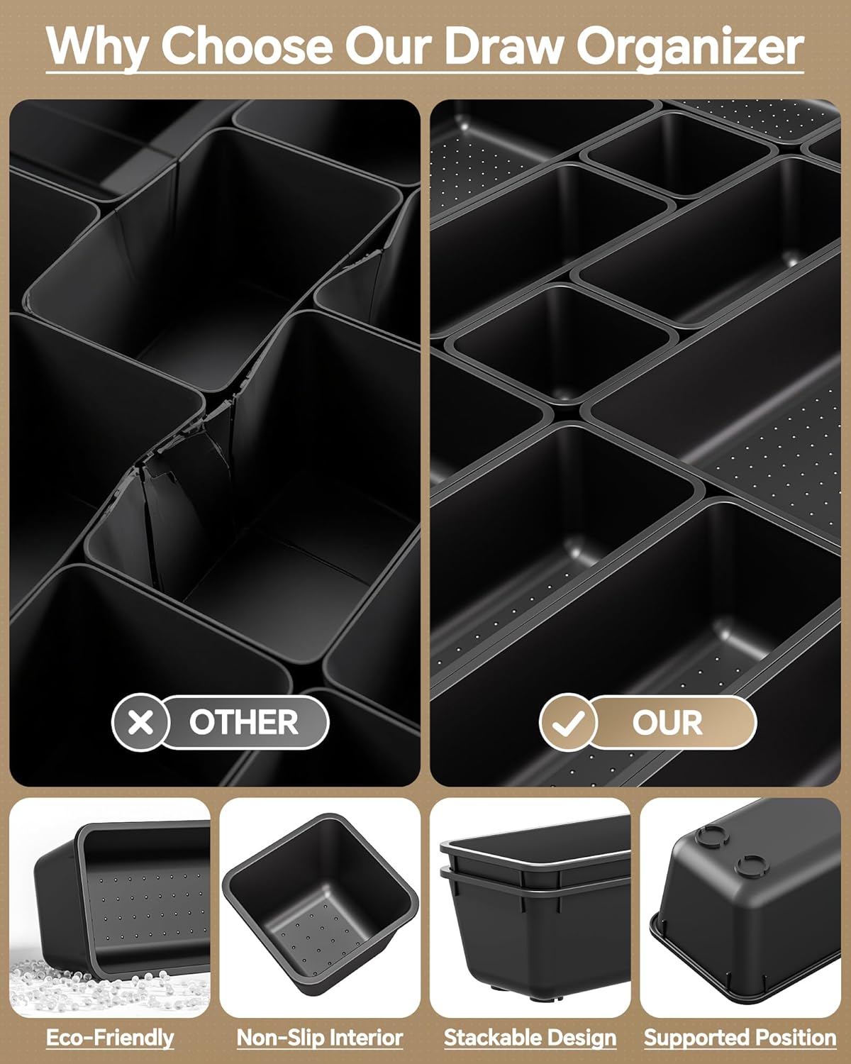 25 PCS Plastic Drawer Organizers Set. 4 Sizes Vanity Organizer. Makeup and Desk Drawer Organizer Trays. Organization and Storage for Makeup. Bathroom. Kitchen Utensils and Office (Black)