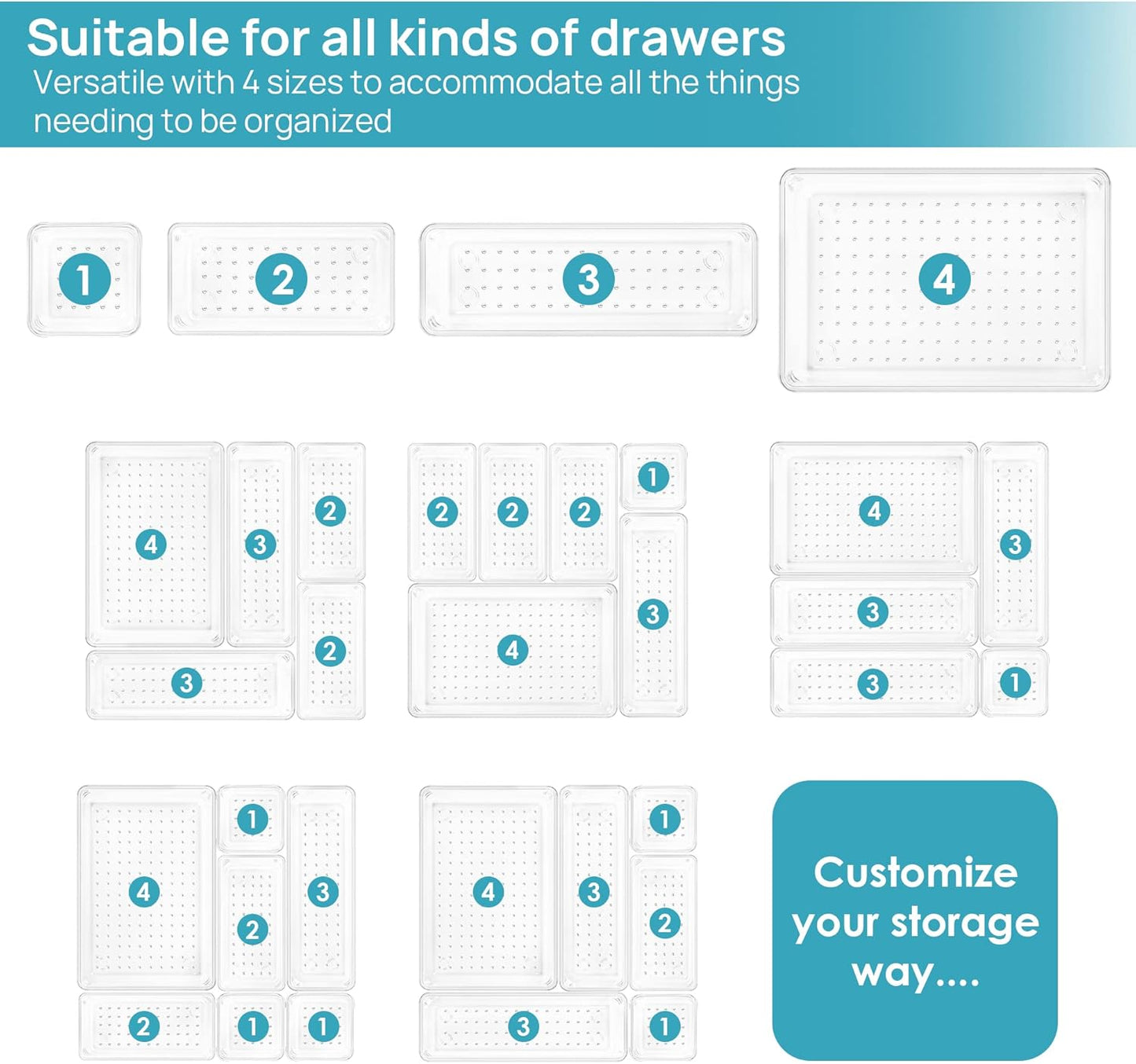 Vtopmart 25 PCS Clear Plastic Drawer Organizers Set. 4-Size Versatile Bathroom and Vanity Drawer Organizer Trays. Storage Bins for Makeup. Bedroom. Kitchen Gadgets Utensils and Office