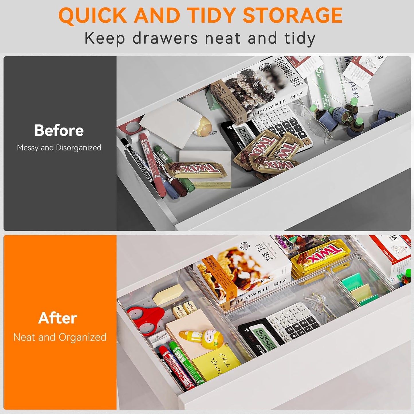 6 Pack Large Clear Plastic Drawer Organizer Trays. Acrylic Kitchen Drawer Organization and Storage Dividers. Non-Slip Storage Bins for Makeup. Kitchen Utensils. Bathroom. Jewelries and Office Desk