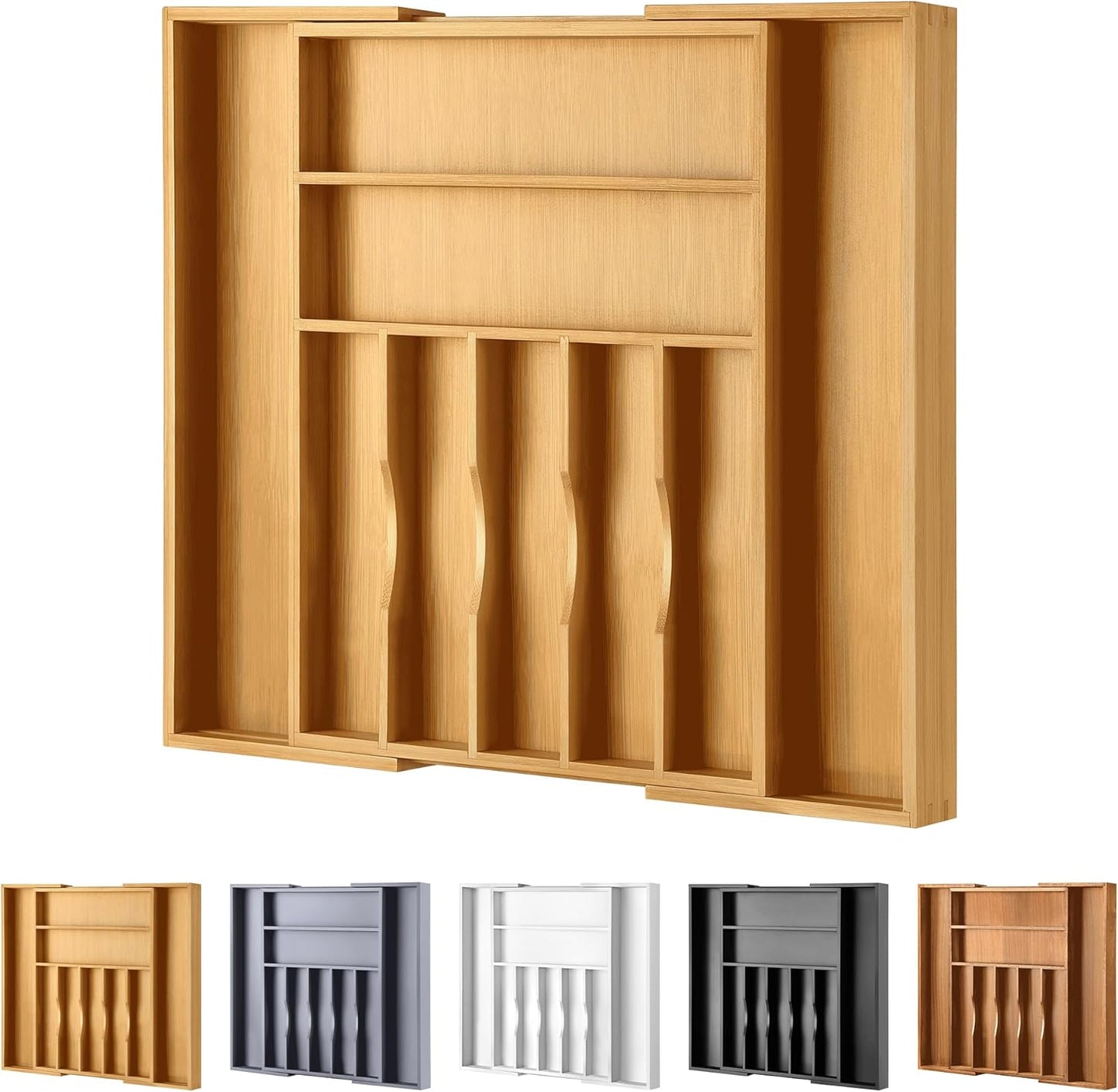 Large Premium Bamboo Silverware Organizer - Expandable Drawer Organizer & Utensil Organizer - 17x19.7 Cutlery Tray with Dividers for Kitchen Utensils and Flatware (7-9 Slots) (Natural)
