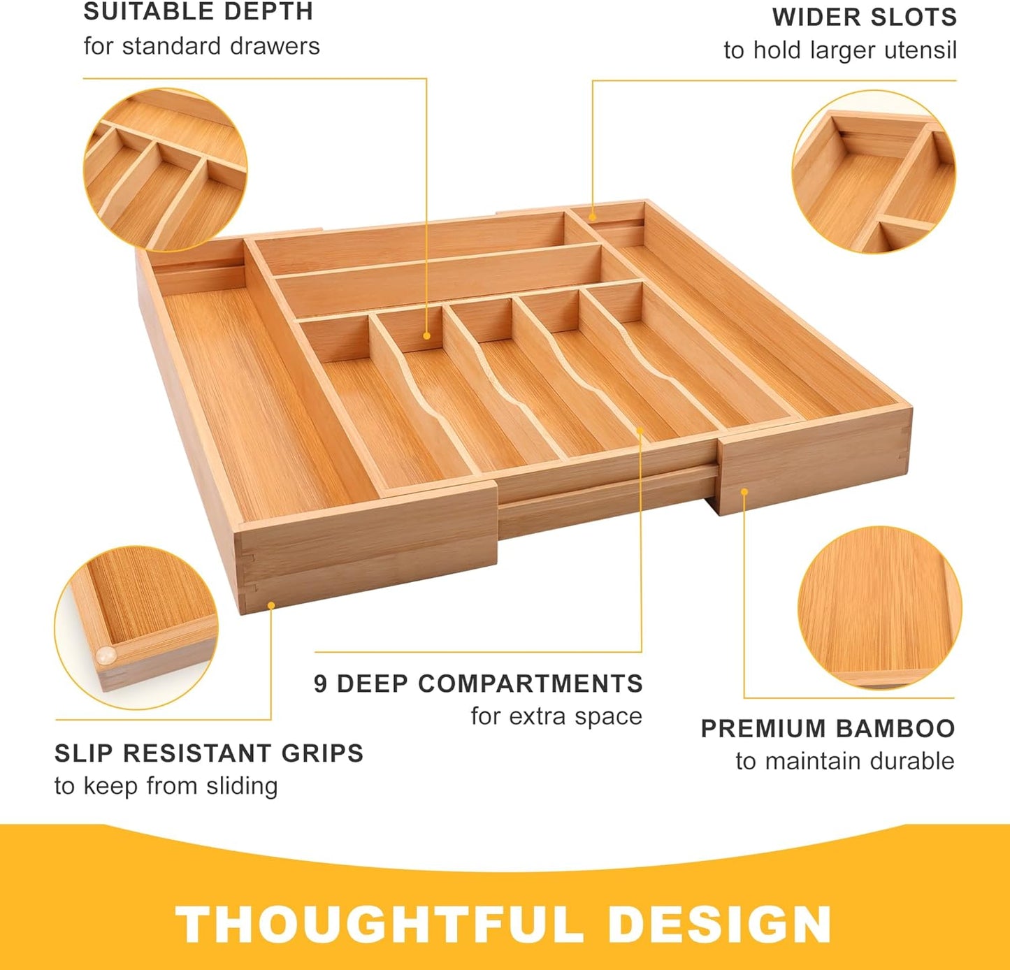 Large Premium Bamboo Silverware Organizer - Expandable Drawer Organizer & Utensil Organizer - 17x19.7 Cutlery Tray with Dividers for Kitchen Utensils and Flatware (7-9 Slots) (Natural)