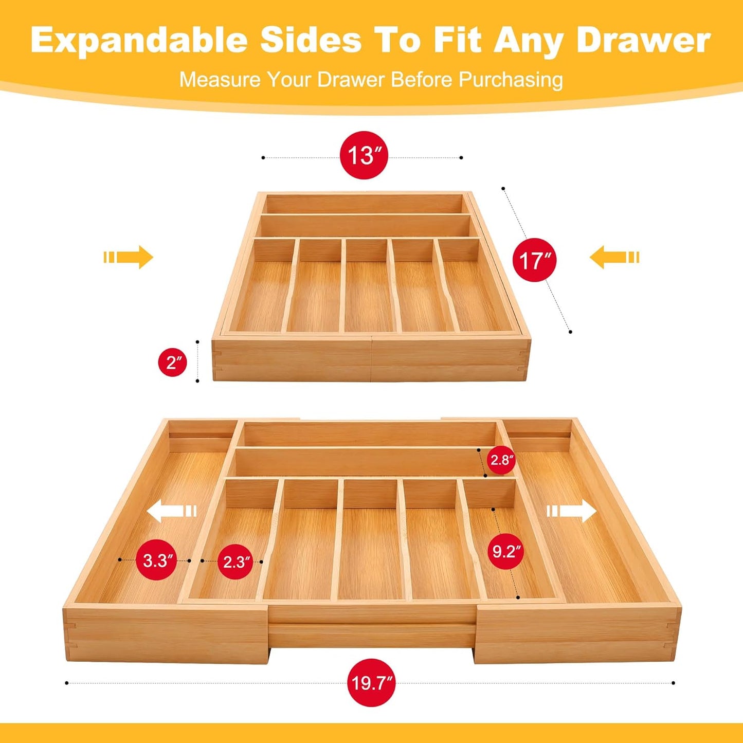 Large Premium Bamboo Silverware Organizer - Expandable Drawer Organizer & Utensil Organizer - 17x19.7 Cutlery Tray with Dividers for Kitchen Utensils and Flatware (7-9 Slots) (Natural)