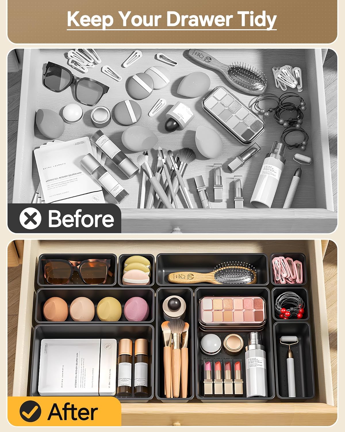 25 PCS Plastic Drawer Organizers Set. 4 Sizes Vanity Organizer. Makeup and Desk Drawer Organizer Trays. Organization and Storage for Makeup. Bathroom. Kitchen Utensils and Office (Black)