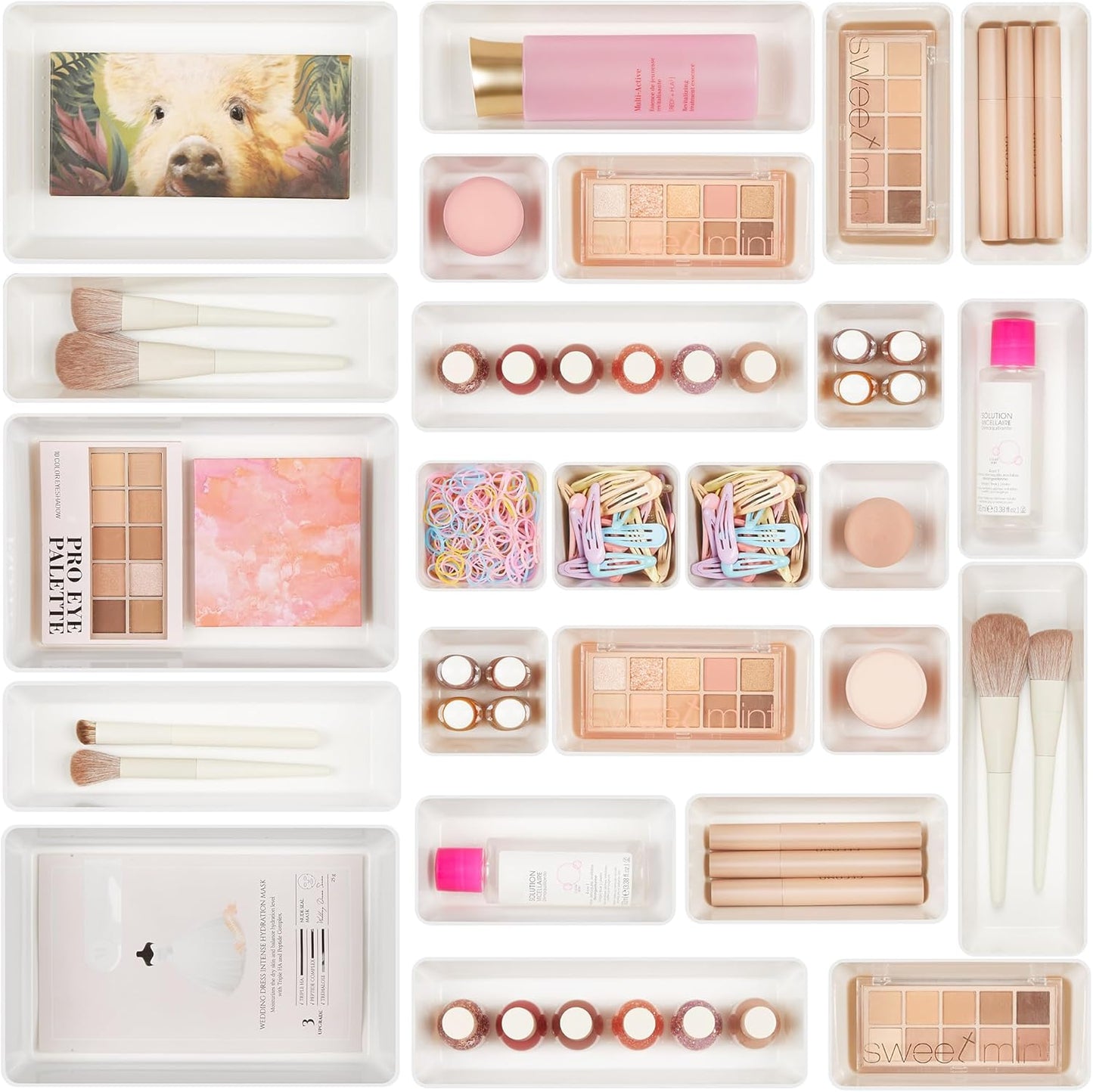 Vtopmart 25 PCS Clear Plastic Drawer Organizers Set. 4-Size Versatile Bathroom and Vanity Drawer Organizer Trays. Storage Bins for Makeup. Bedroom. Kitchen Gadgets Utensils and Office