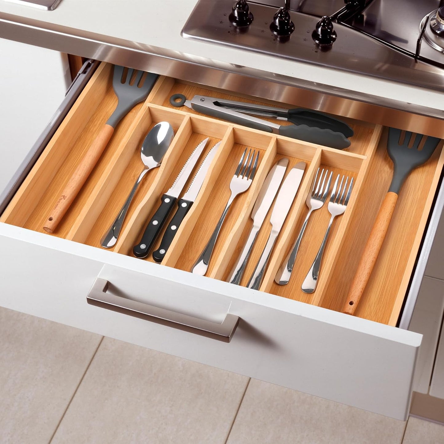 Large Premium Bamboo Silverware Organizer - Expandable Drawer Organizer & Utensil Organizer - 17x19.7 Cutlery Tray with Dividers for Kitchen Utensils and Flatware (7-9 Slots) (Natural)
