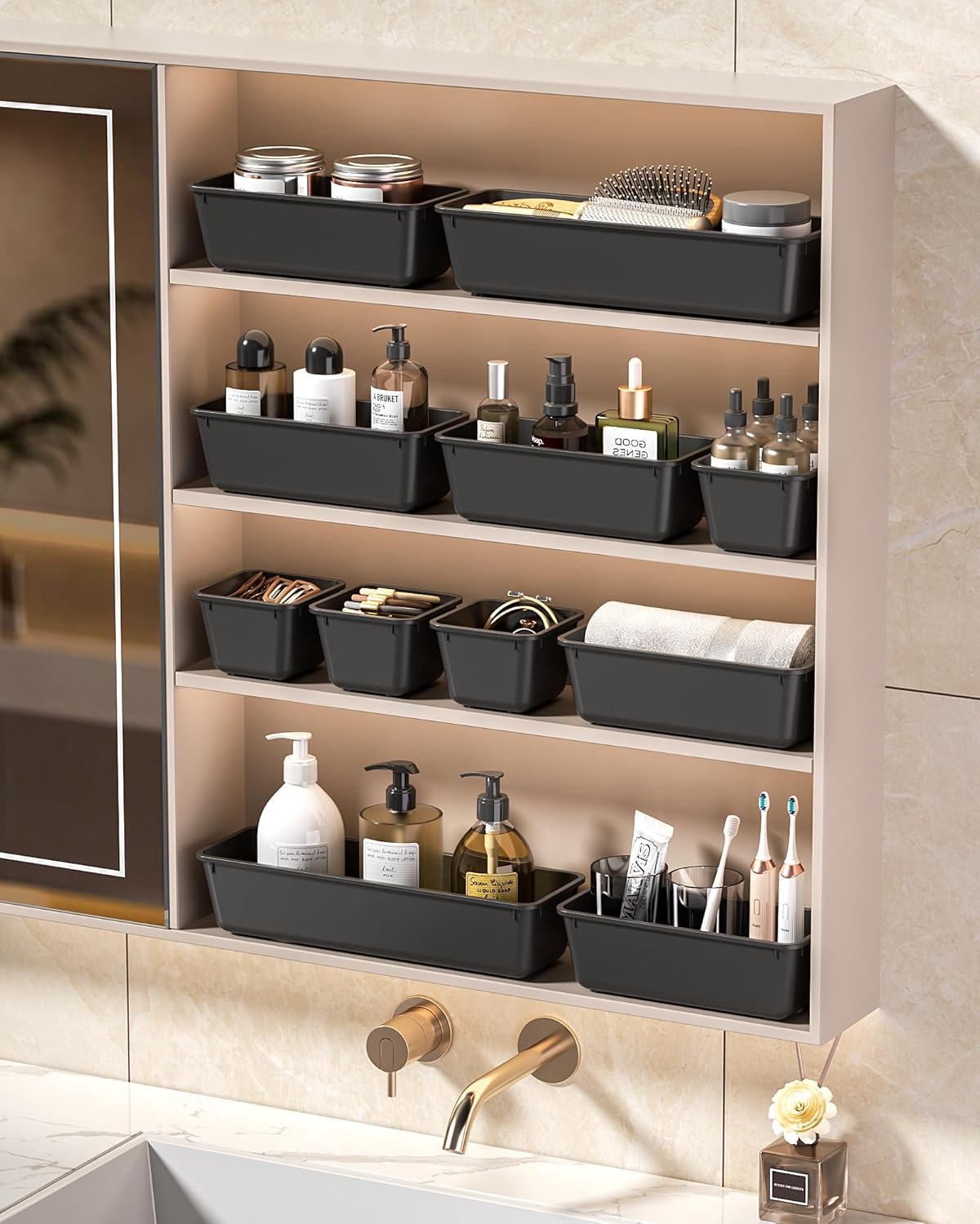 25 PCS Plastic Drawer Organizers Set. 4 Sizes Vanity Organizer. Makeup and Desk Drawer Organizer Trays. Organization and Storage for Makeup. Bathroom. Kitchen Utensils and Office (Black)