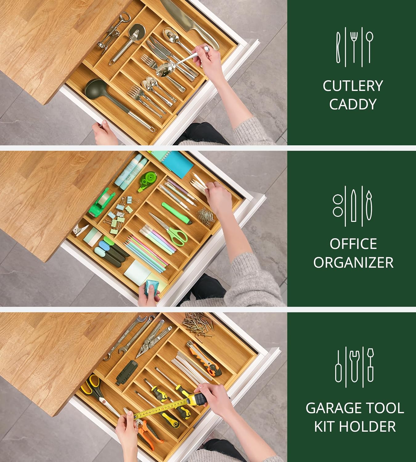 ROYAL CRAFT WOOD Luxury Bamboo Kitchen Drawer Organizer - Silverware Organizer. Utensil Holder & Cutlery Tray Drawer Dividers for Flatware (9 Slot. Natural)