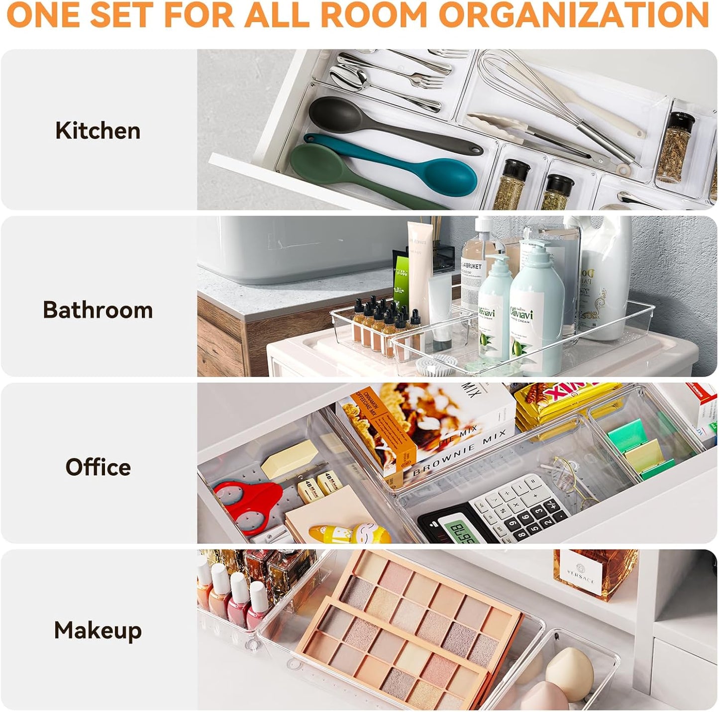 6 Pack Large Clear Plastic Drawer Organizer Trays. Acrylic Kitchen Drawer Organization and Storage Dividers. Non-Slip Storage Bins for Makeup. Kitchen Utensils. Bathroom. Jewelries and Office Desk