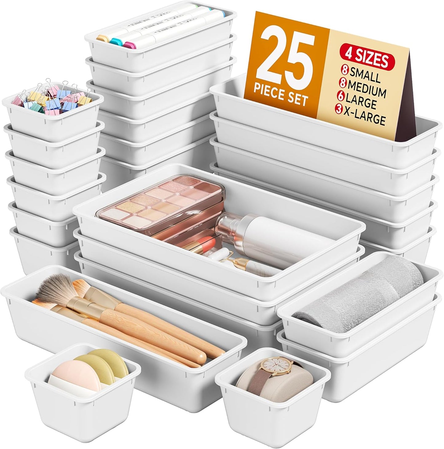 25 PCS Plastic Drawer Organizers Set. 4 Sizes Vanity Organizer. Makeup and Desk Drawer Organizer Trays. Organization and Storage for Makeup. Bathroom. Kitchen Utensils and Office (Black)