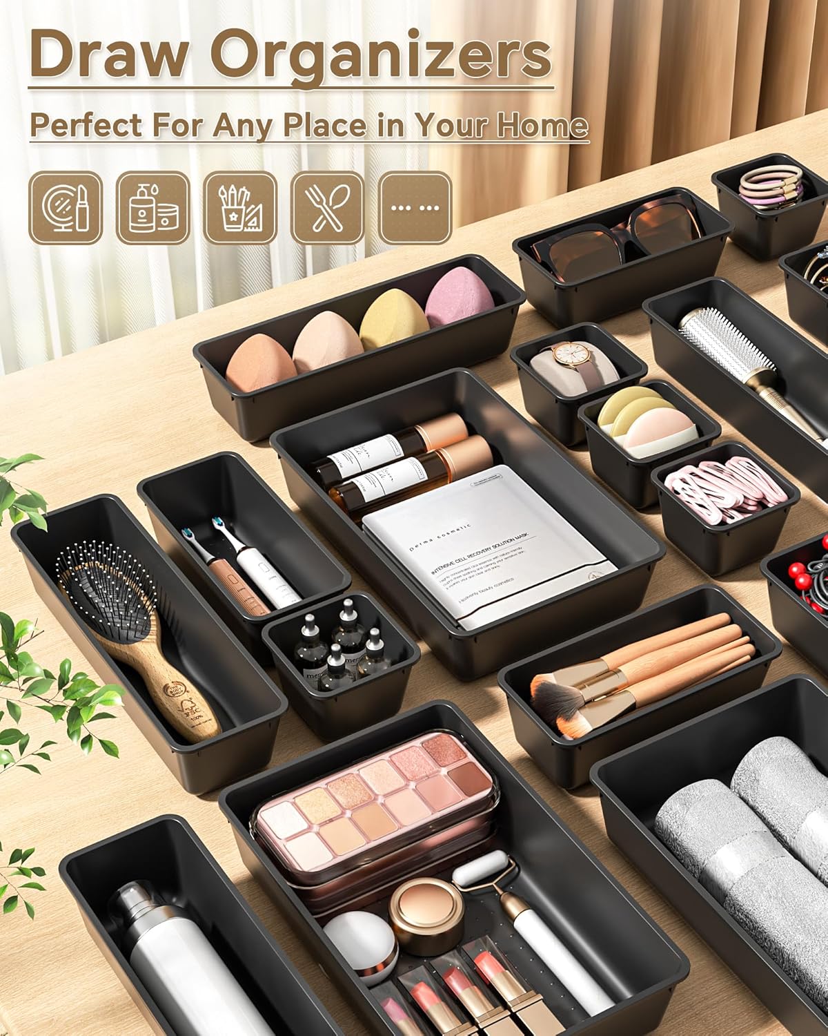 25 PCS Plastic Drawer Organizers Set. 4 Sizes Vanity Organizer. Makeup and Desk Drawer Organizer Trays. Organization and Storage for Makeup. Bathroom. Kitchen Utensils and Office (Black)