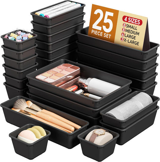 25 PCS Plastic Drawer Organizers Set. 4 Sizes Vanity Organizer. Makeup and Desk Drawer Organizer Trays. Organization and Storage for Makeup. Bathroom. Kitchen Utensils and Office (Black)