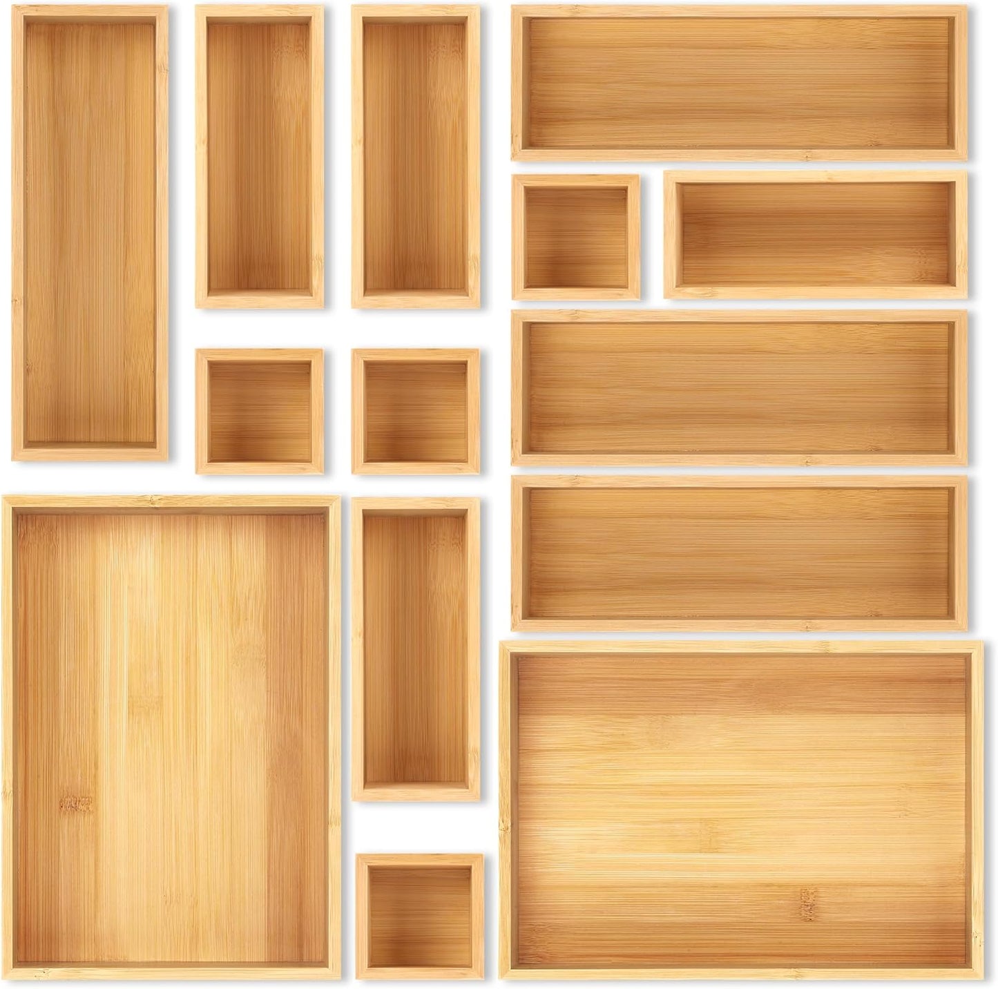 Bamboo Drawer Organizer Set. 5 PCS Multi-Use Individual Wood Storage Organizers. Junk Drawer Divider and Storage Trays Containers for Kitchen. Bathroom. Office Desk. Makeup. Jewelry. Utensils