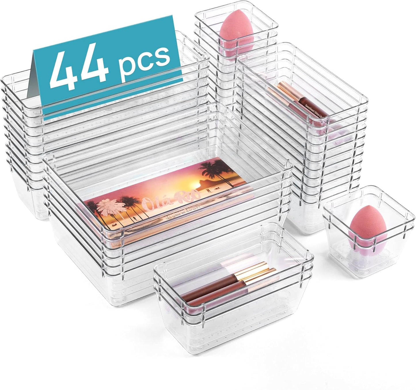 Vtopmart 44 PCS Clear Plastic Drawer Organizers Set. 4-Size Versatile Bathroom and Vanity Organizer Trays. Non-Slip Storage Containers for Makeup. Jewelries. Bedroom .Kitchen Utensils and Office