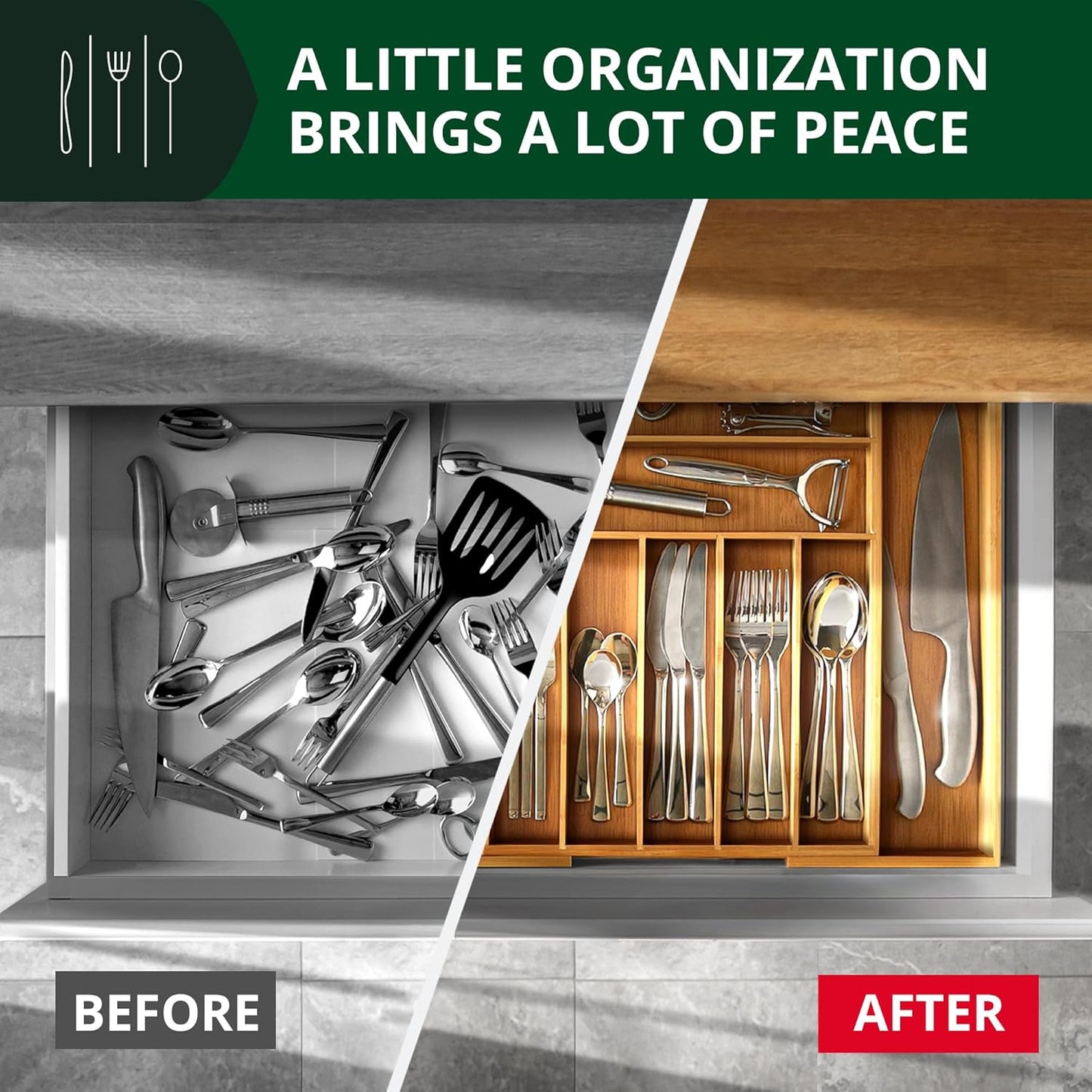 ROYAL CRAFT WOOD Luxury Bamboo Kitchen Drawer Organizer - Silverware Organizer. Utensil Holder & Cutlery Tray Drawer Dividers for Flatware (9 Slot. Natural)