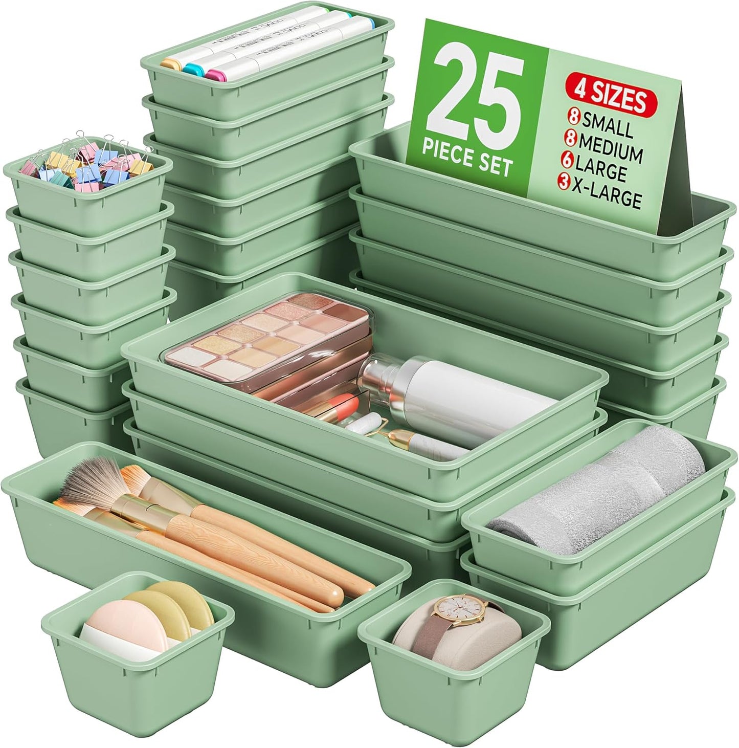 25 PCS Plastic Drawer Organizers Set. 4 Sizes Vanity Organizer. Makeup and Desk Drawer Organizer Trays. Organization and Storage for Makeup. Bathroom. Kitchen Utensils and Office (Black)