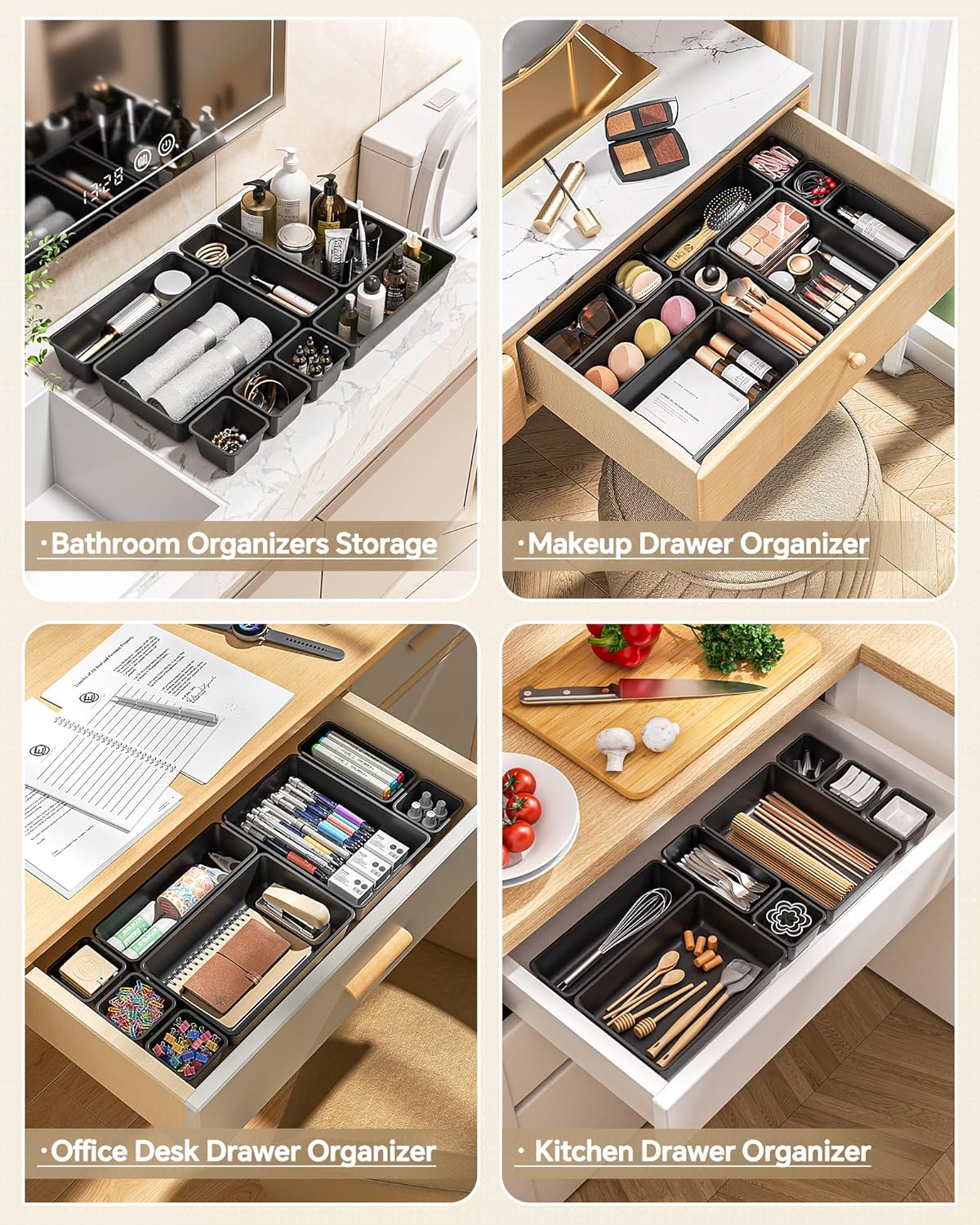 25 PCS Plastic Drawer Organizers Set. 4 Sizes Vanity Organizer. Makeup and Desk Drawer Organizer Trays. Organization and Storage for Makeup. Bathroom. Kitchen Utensils and Office (Black)