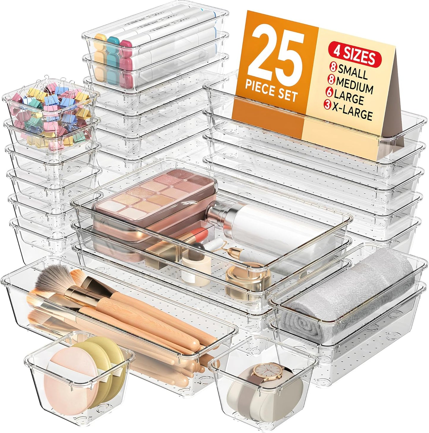 25 PCS Plastic Drawer Organizers Set. 4 Sizes Vanity Organizer. Makeup and Desk Drawer Organizer Trays. Organization and Storage for Makeup. Bathroom. Kitchen Utensils and Office (Black)